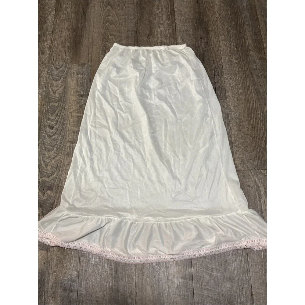 Vintage White Maxi Half Slip Skirt Pink Lace Ruffle Hem Coquette Flawed